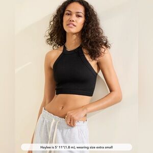 High neck ribbed bra top -  Black